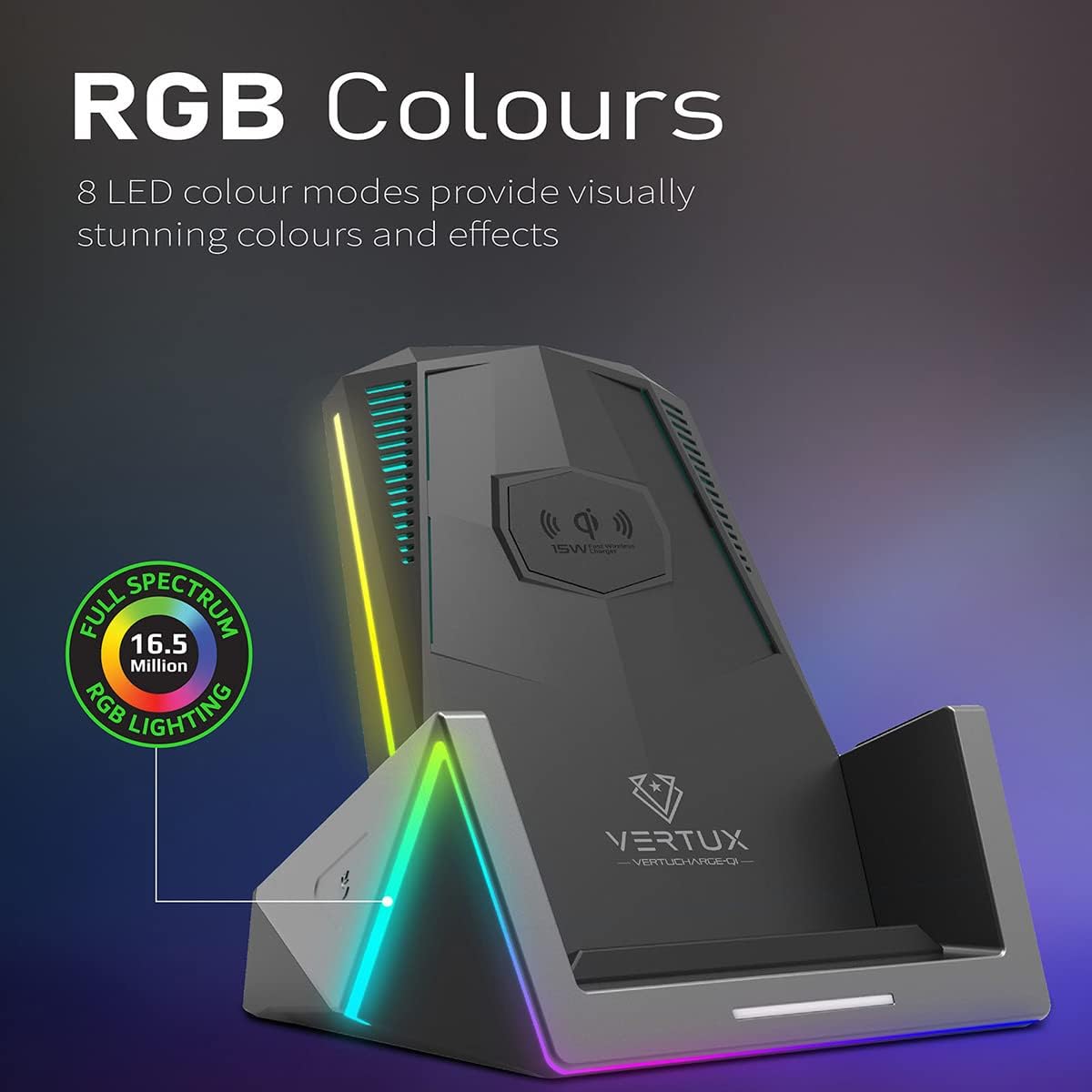 Vertux Qi 15W PRO GAMING WIRELESS CHARGING STATION | 15W Qi Wireless Charging Stand 18W USB-C Power 8 RGB Lighting Modes Fast Wireless Charging Qi-Enabled Smartphones - Black Vertux Qi 15W PRO GAMING WIRELESS CHARGING STATION | 15W Qi Wireless Charging Stand 18W USB-C Power 8 RGB Lighting Modes Fast Wireless Charging Qi-Enabled Smartphones - Black